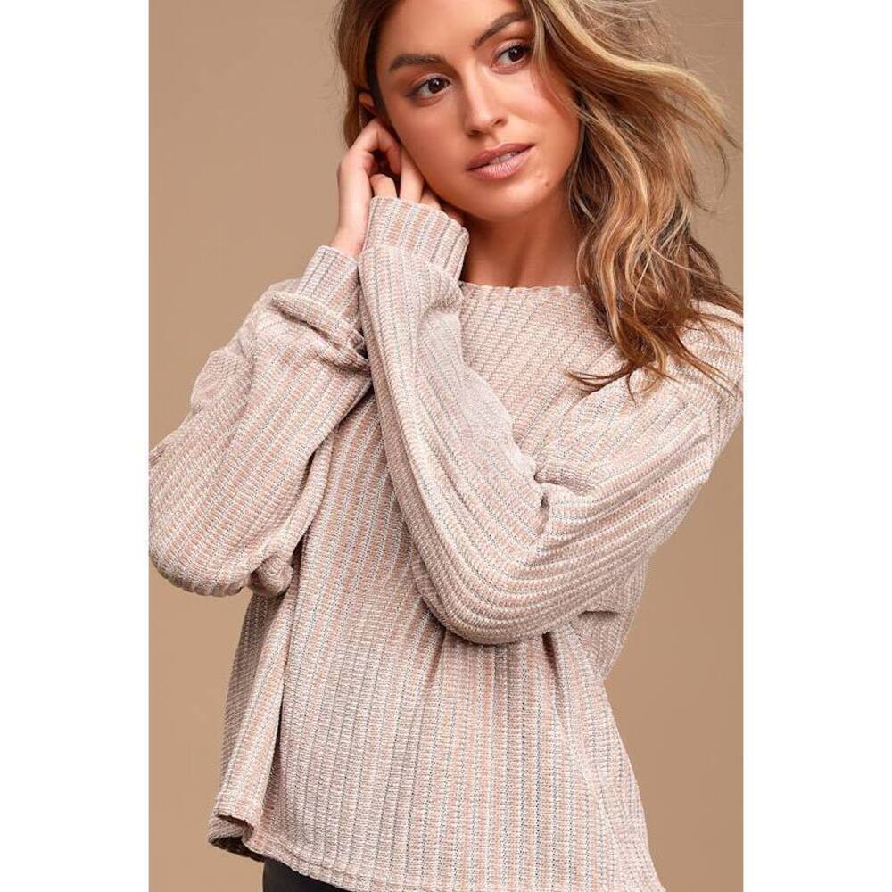 Lulus Weekend Ready Taupe Chenille Striped Sweater Top Beige - Size S